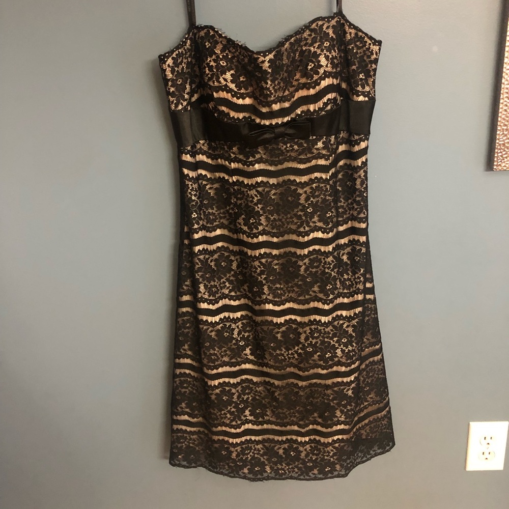 Black lace strapless mid length dress